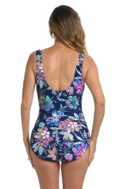 Tulum Tiki Floral Side Shirred One Piece - FINAL SALE -Best Swimwear Shop MM2AW14 NVY B