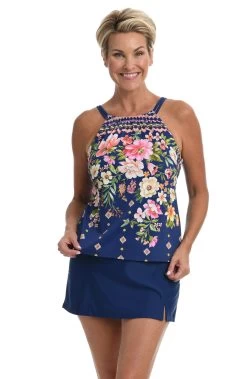 Border Blooms High Neck Tankini Top *FINAL SALE* -Best Swimwear Shop MM2AY60 NVY F 3