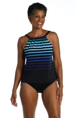 Gradient Stripe High Neck Underwire Tankini Top