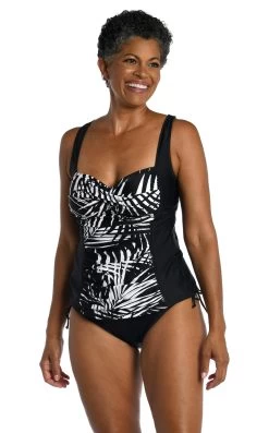 Shadow Palms Over The Shoulder Shirred Tankini Top - FINAL SALE