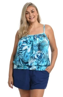 Indigo Palms Blouson Tankini Top (Plus Size) *FINAL SALE*