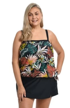 Palms And Fronds Bandeau Blouson Tankini Top (Plus Size) *FINAL SALE*