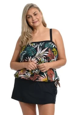 Palms And Fronds Bandeau Blouson Tankini Top (Plus Size) *FINAL SALE* -Best Swimwear Shop MW2AN66 MLT F 2