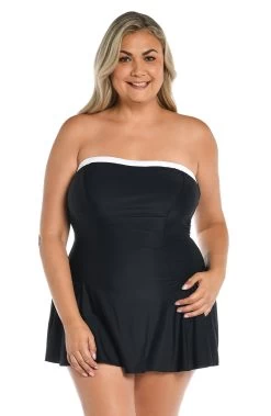 Solid Bandeau Princess Seam Swim Dress One Piece (Plus Size) -Best Swimwear Shop MW3C442 BLK F 2
