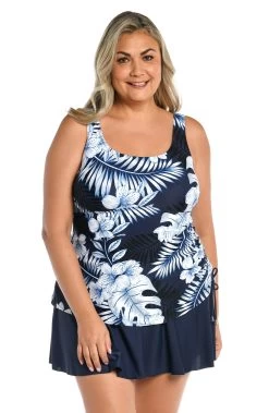 Moonlight Tropics Adjustable Tank Swim Dress One Piece (Plus Size)