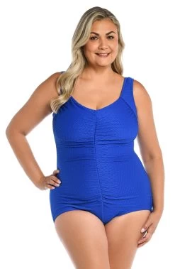 Textured Spa Shirred Front Girl Leg One Piece (Plus Size) -Best Swimwear Shop MW9L321 COB F 1
