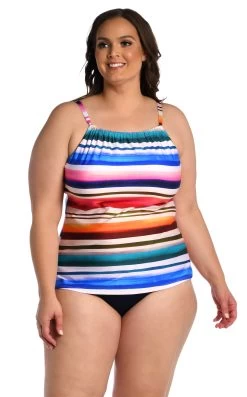 24th & Ocean Sunset Stripe Underwire High Neck Over The Shoulder Tankini Top -Best Swimwear Shop TF3DF75W MLT F1